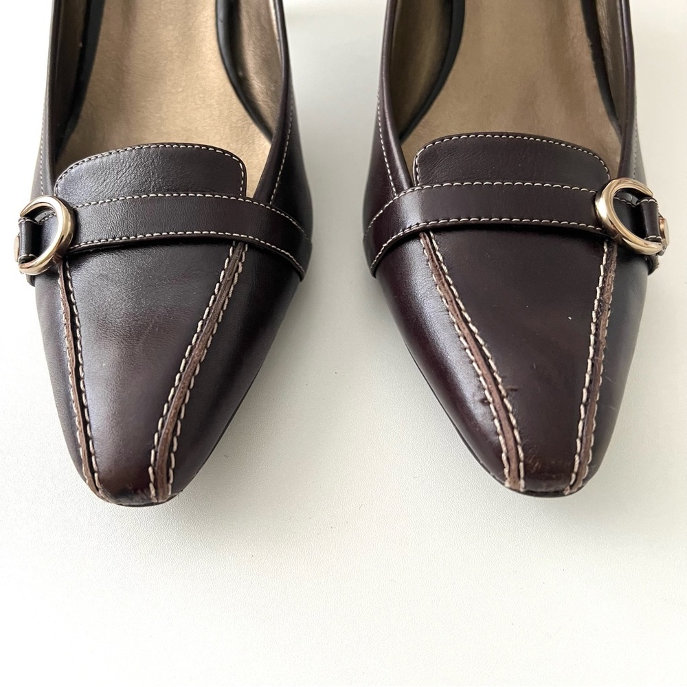 Circa Joan & David Dark Brown Leather Loafer 3” Heel With Gold Buckle Size 9 M - Picture 7 of 10
